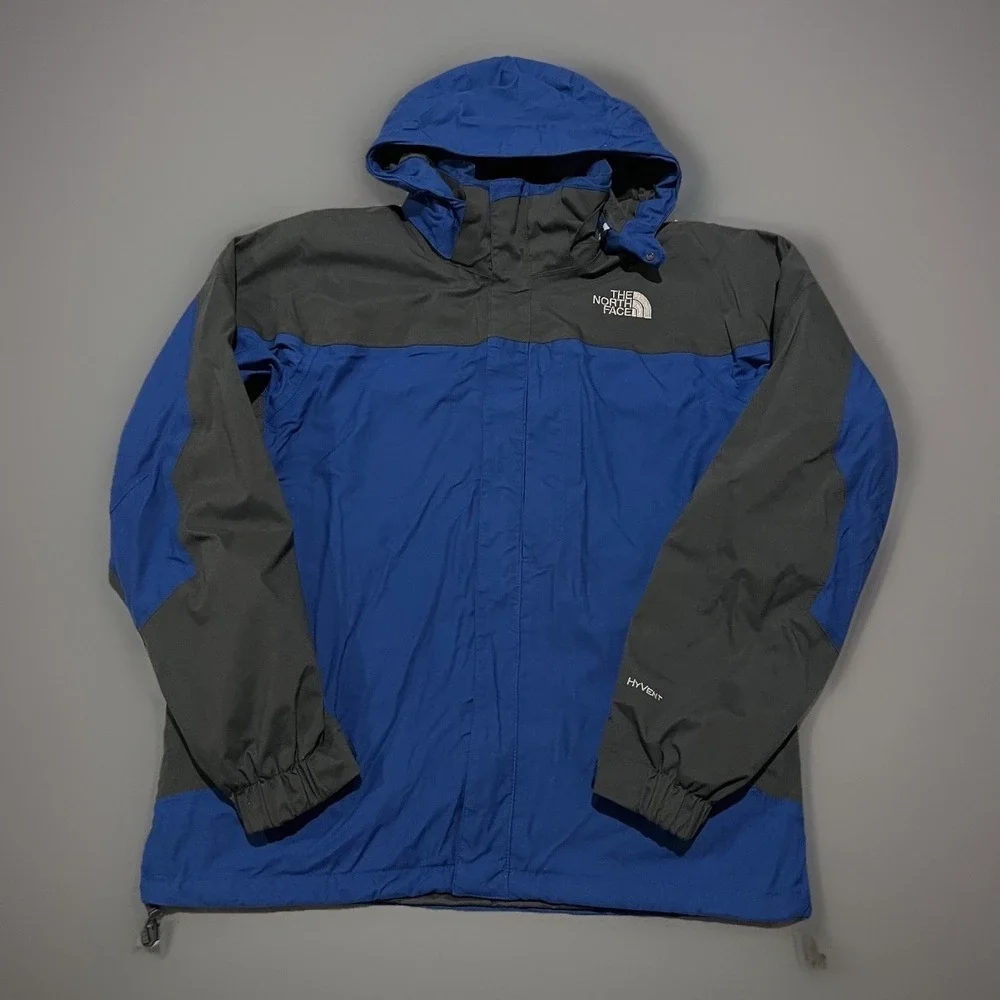 The North Face HyVent Mens Blue Grey Full Zip Hooded Windbreaker Jacket M